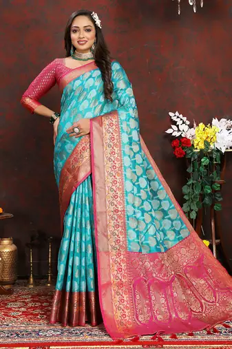 Firozi weaving zari work organza silk party wear saree with blouse