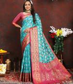 Firozi weaving zari work organza silk party wear saree with blouse