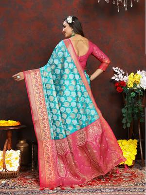 Firozi weaving zari work organza silk party wear saree with blouse 2