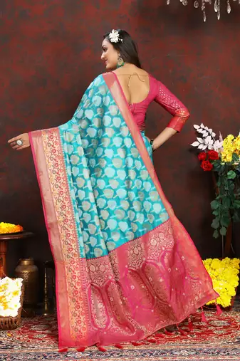 Firozi weaving zari work organza silk party wear saree with blouse