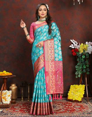 Firozi weaving zari work organza silk party wear saree with blouse 3