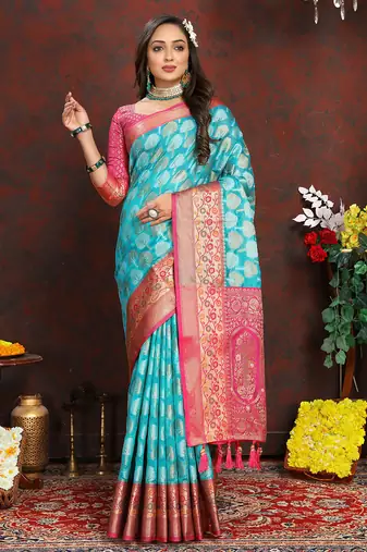 Firozi weaving zari work organza silk party wear saree with blouse