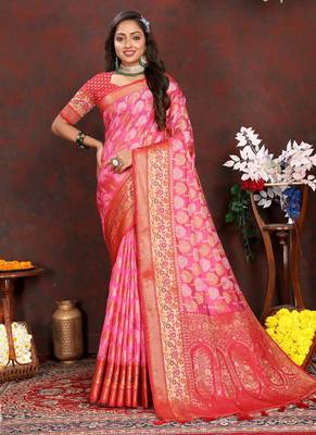 Gajri weaving zari work organza silk party wear saree with blouse 1