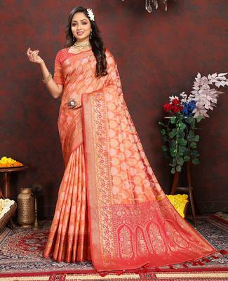 Orange weaving zari work organza silk party wear saree with blouse 1