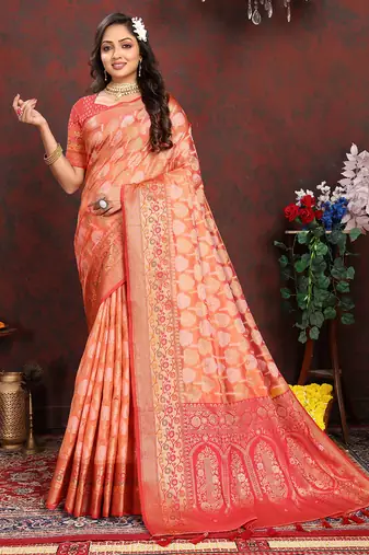 Orange weaving zari work organza silk party wear saree with blouse