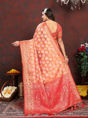 Orange weaving zari work organza silk party wear saree with blouse 2