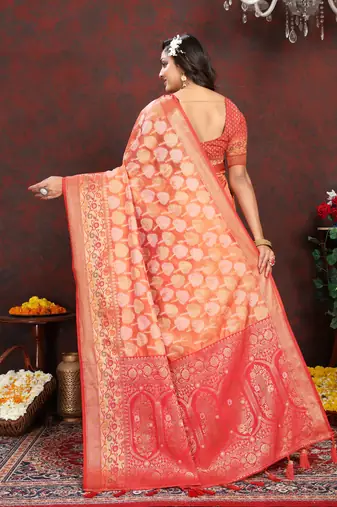 Orange weaving zari work organza silk party wear saree with blouse