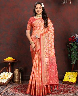 Orange weaving zari work organza silk party wear saree with blouse 3