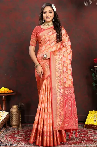 Orange weaving zari work organza silk party wear saree with blouse
