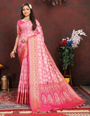 Pink weaving zari work organza silk party wear saree with blouse 1