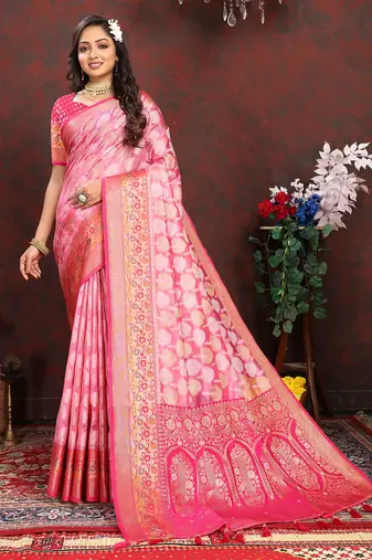 Pink weaving zari work organza silk party wear saree with blouse