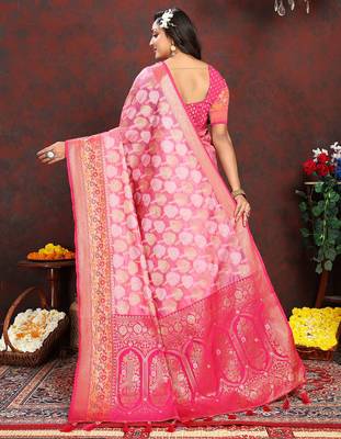 Pink weaving zari work organza silk party wear saree with blouse 2
