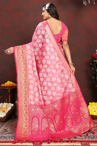 Pink weaving zari work organza silk party wear saree with blouse