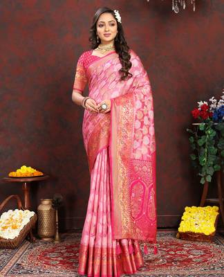 Pink weaving zari work organza silk party wear saree with blouse 3