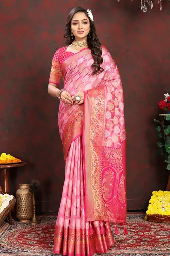 Pink weaving zari work organza silk party wear saree with blouse