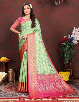 Pista zari embroidey work silk designer saree with blouse piece 1