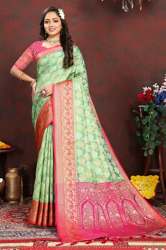 Pista zari embroidey work silk designer saree with blouse piece
