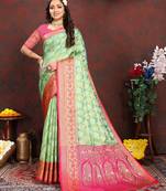Pista zari embroidey work silk designer saree with blouse piece