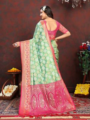 Pista zari embroidey work silk designer saree with blouse piece 2