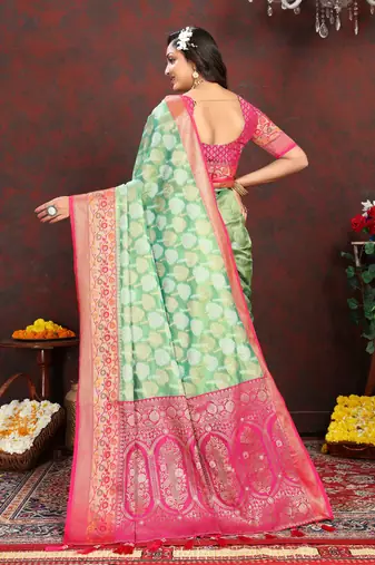 Pista zari embroidey work silk designer saree with blouse piece