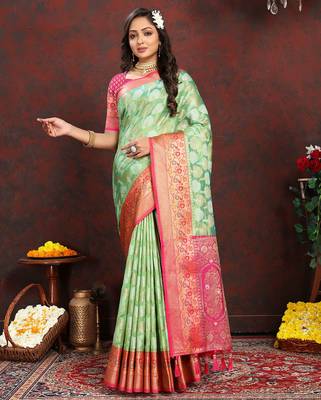 Pista zari embroidey work silk designer saree with blouse piece 3