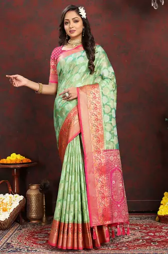 Pista zari embroidey work silk designer saree with blouse piece