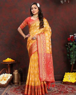 Yellow zari embroidey work silk designer saree with blouse piece 1