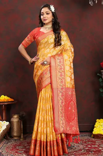 Yellow zari embroidey work silk designer saree with blouse piece
