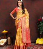 Yellow zari embroidey work silk designer saree with blouse piece