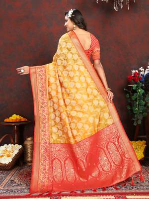 Yellow zari embroidey work silk designer saree with blouse piece 2