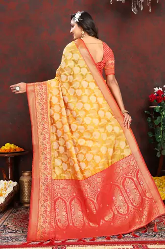 Yellow zari embroidey work silk designer saree with blouse piece