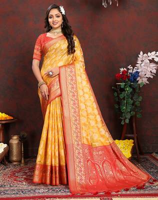 Yellow zari embroidey work silk designer saree with blouse piece 3