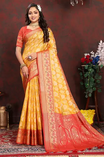 Yellow zari embroidey work silk designer saree with blouse piece