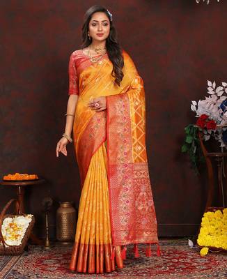 Yellow meenakari weaving work organza silk saree with blouse piece 1
