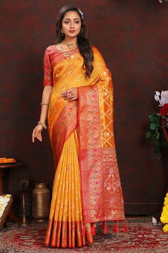Yellow meenakari weaving work organza silk saree with blouse piece