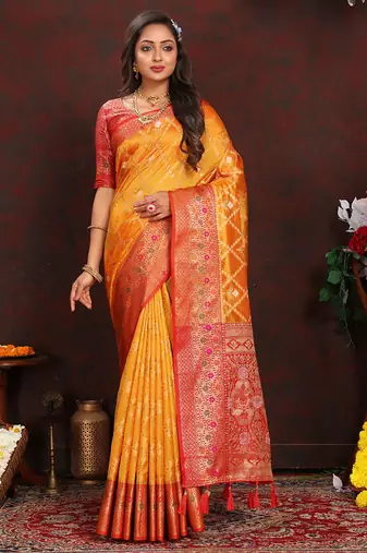 Yellow meenakari weaving work organza silk saree with blouse piece