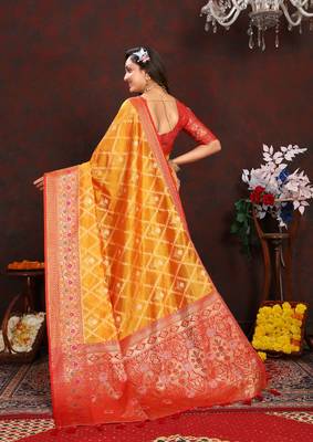 Yellow meenakari weaving work organza silk saree with blouse piece 2