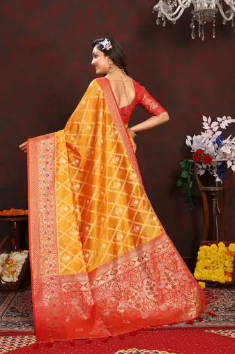 Yellow meenakari weaving work organza silk saree with blouse piece