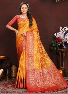 Yellow meenakari weaving work organza silk saree with blouse piece 3