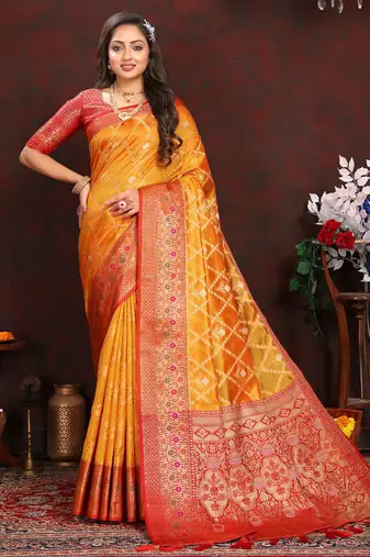 Yellow meenakari weaving work organza silk saree with blouse piece