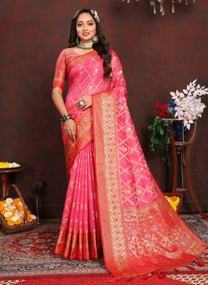 Pink meenakari weaving work organza silk saree with blouse piece 1