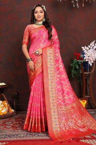 Pink meenakari weaving work organza silk saree with blouse piece