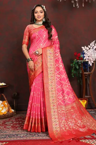 Pink meenakari weaving work organza silk saree with blouse piece