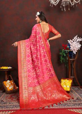 Pink meenakari weaving work organza silk saree with blouse piece 2