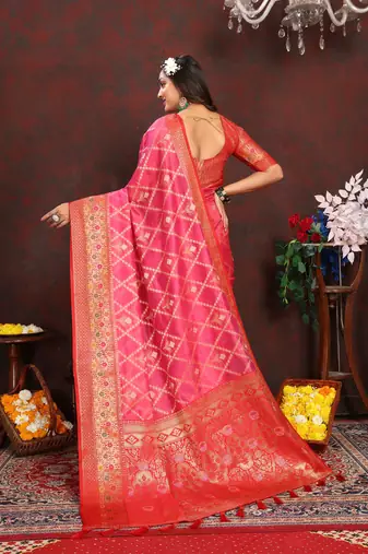 Pink meenakari weaving work organza silk saree with blouse piece