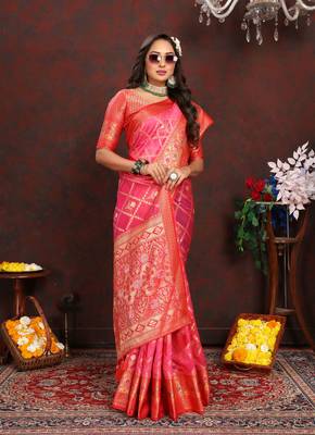 Pink meenakari weaving work organza silk saree with blouse piece 3