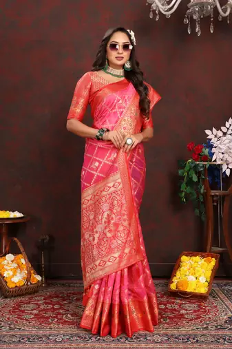 Pink meenakari weaving work organza silk saree with blouse piece