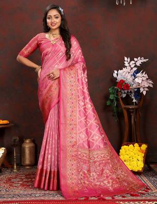 Pink meenakari weaving work organza silk saree with blouse piece 1