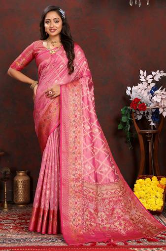 Pink meenakari weaving work organza silk saree with blouse piece