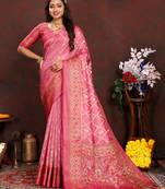 Pink meenakari weaving work organza silk saree with blouse piece